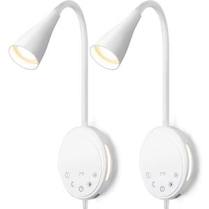LED Wall Mount Reading Light, Bedside Reading Lights with Touch Control, 5 Dimmable, USB Output, Night Light & Timers, Flexible Gooseneck Headboard Bed Lights Wall Sconce (White-2P)