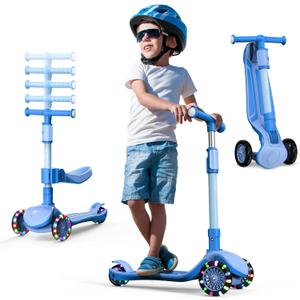 2-in-1 Adjustable Kick Scooter for Kids 3-5 (Suitable 3-12 Years),5-Level Handlebar & Removable Seat, LED Light-Up Wheels, Wide Deck, Foldable Design for Indoor/Outdoor Use - Girls & Boys