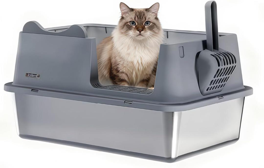 Stainless Steel Cat Litter Box, Open Top High-Sided Metal Litter Box with Scoop, Extra Large Litter Boxes for Kitty Kitten and Big Cats, Anti-Urine Leakage, Non-Sticky, Easy to Clean (Grey)