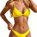 Aqua Eve Two Piece Triangle Bikini High Cut Swimsuit Cheeky Bathing Suit (Yellow, XL)