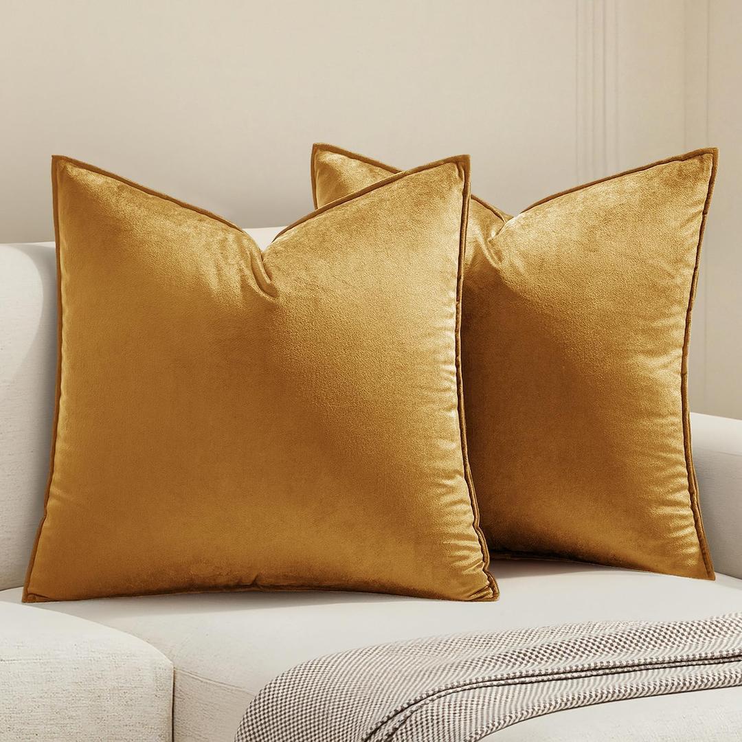 MIULEE Dark Gold Velvet Throw Pillow Covers 24x24 Soft Decorative Solid Square Euro Sham Cushion Cases Pack of 2 Modern Luxury Home Decor for Couch, Sofa, Bedroom