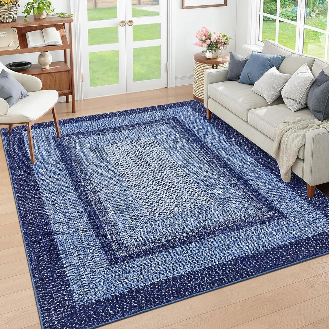 RUGSREAL 8x10 Braided Print Area Rug Washable Rug Non Slip Farmhouse Rustic Floor Carpet Boho Dining Room Carpet Modern Geometric Throw Floor Cover Bohemian Border Rug for Living Room Bedroom, Navy