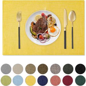 Romanstile Cloth Placemats Set of 6-12 x 18 Inch, Heat Resistant Double Layered Thickened Burlap Place Mats, Washable Faux Linen Farmhouse Table Mats for Kitchen/Dining/Party/Outdoor, Yellow