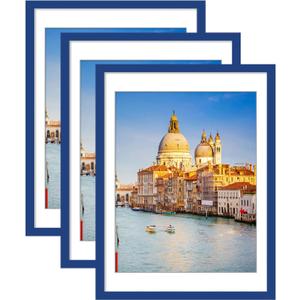 wyooxoo 18x24 Poster Frame Set of 3 Dark Blue Solid Wood Picture Frames Display Pictures 16x20 with Mat or 18x24 Without Mat Colorful Frame For Horizontal Vertical Wall Mounting