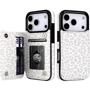 HAOPINSH Wallet Case with Card Holder for iPhone 17 Pro, White Leopard Cheetah Pattern Back Flip Folio PU Leather Kickstand Card Slots Case for Women, Double Magnetic Clasp Shockproof 6.3"