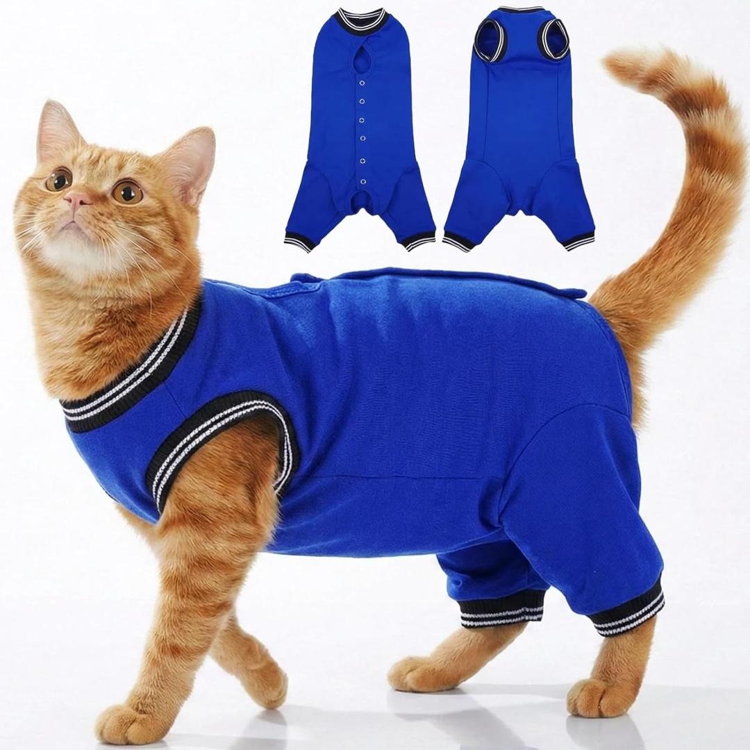 T'CHAQUE Cat Clothes Surgery Recovery Suit for Female Male, Cat Onesie Pet Surgical Pajamas Hind Legs Long Sleeve, Abdominal Wound Skin Diseases, E-Collar Alternative, Spay Recovery Suit, RoyalBlue-M