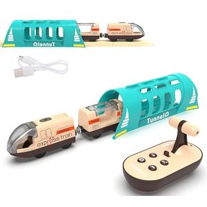 Electric Train for Wooden Track, Remote Control Train Toy, Motorized Train and Tunnel with Voice & Lights Effect, Battery Operated Locomotive Train Set Compatible with Thomas, Brio, Chuggington