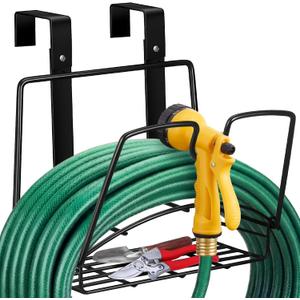 Frienda Garden Hose Holder with Storage Basket Heavy Duty Wall Mount Hose Hanger Metal Water Hoses Holder Fence Storage Organizer Nails for Extension Cords Outdoor Garden Yard(Movable Type,Black)
