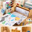 Wooden Tabletop Paper Roll Dispenser for Kids, Paper Roll Holder with Safe Sliding Cutter, Drawing Scroll and Art Supplies Set for Classroom Preschool