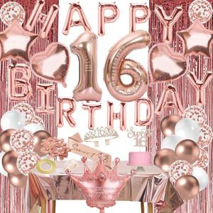 Sweet 16 Party Decorations, Rose gold 16th Birthday Decorations for Girls, Happy Birthday Banner, Curtains, Cake Topper, Bday Sash and Crown, Balloons for Her Sixteen Years Bday