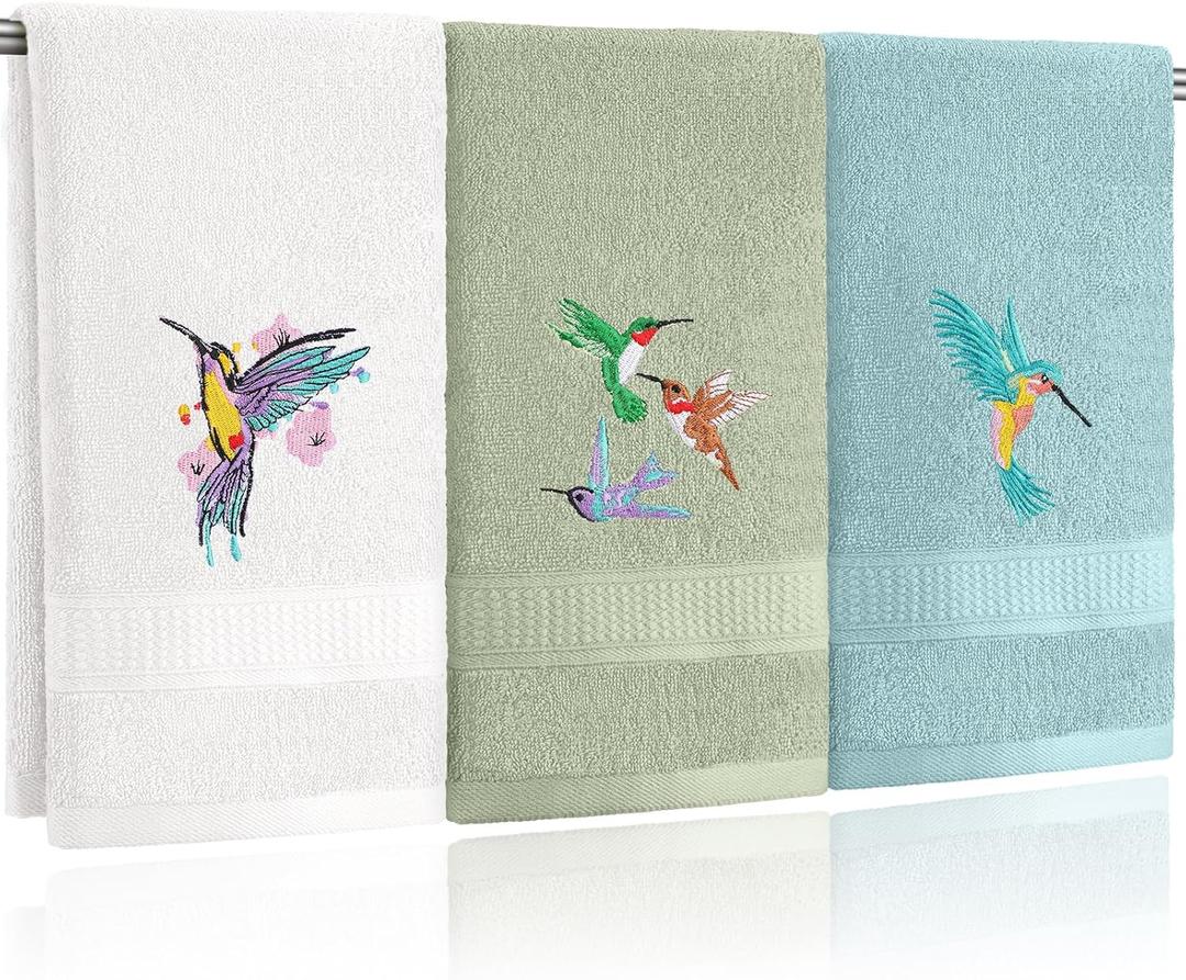 Tingjoo 3 Pcs Hummingbird Hand Towels Farmhouse Garden Hummingbird Bathroom Decor 14x29 Inch Embroidered Bird 100% Cotton Soft Decorative Summer Hand Towels for Bathroom Kitchen (Green Gray)