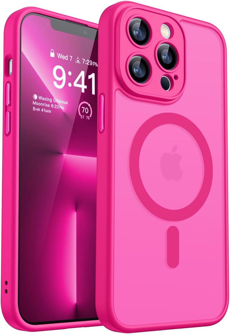 CANSHN Magnetic Compatible with iPhone 13 Pro Max Case, Upgraded [Full Camera Protection] [Compatible with Magsafe] [Translucent Matte] Shockproof Protective Phone Case Cover 6.7 Inch - Hot Pink