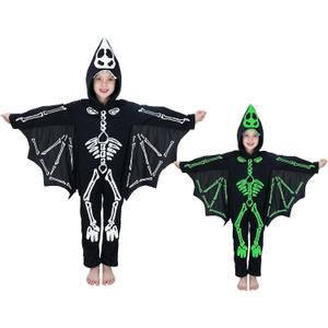 Wizland Kids Bat Skeleton Costume, Glow in the Dark Vampire Bat onesie, Scary Halloween Costume for Boys and Girls (9-11, Black)