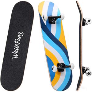 WhiteFang Skateboards for Beginners, Complete Skateboard 31 x 7.88, 7 Layer Canadian Maple Double Kick Concave Standard and Tricks Skateboards for Kids and Beginners