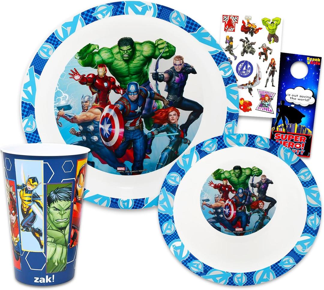 Marvel Avengers Dinnerware Set for Kids - Bundle with Bamboo Avengers Plate, Marvel Bowl, Water Bottle, Stickers, More | Avengers Dinnerware Set for Kids, Toddlers