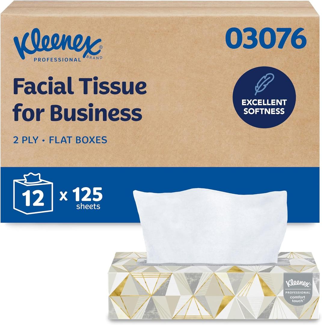 Kleenex Professional Facial Tissue, Bulk (03076), 2-Ply, White, Flat Facial Tissue Boxes for Business, Convenience Case (125 Tissues/Box, 12 Boxes/Case, 1,500 Tissues/Case) (Box Color: Cream)