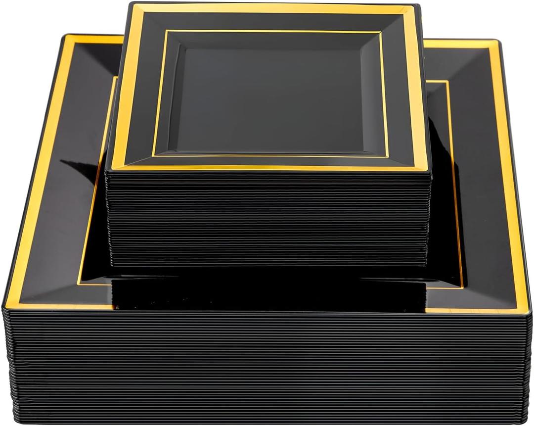 Liacere 100PCS Black and Gold Square Plastic Plates-50PCS Dinner Plate and 50PCS Dessert Plate-Durable Fancy Disposable Plates for Party&Halloween