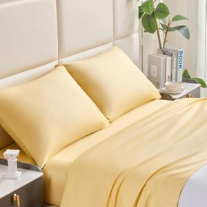 100% Cotton 4-Piece Sheet Set, Minimalist Style - Bed Sheets with Flat Sheet, Fitted Sheet and 2 Pillowcases | Lightweight, Soft, Durable & Easy Care (Butter Yellow, Queen)