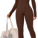 OLCHEE Womens Long Sleeve Workout Jumpsuit Seamless Ribbed Tummy Control Yoga Bodycon Zip Up One Piece Unitard Sculpt Rompers (Brown, S)