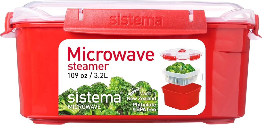 Sistema Microwave Food Steamer with Removable Steamer Basket | Large 3.2 L | Red/Clear