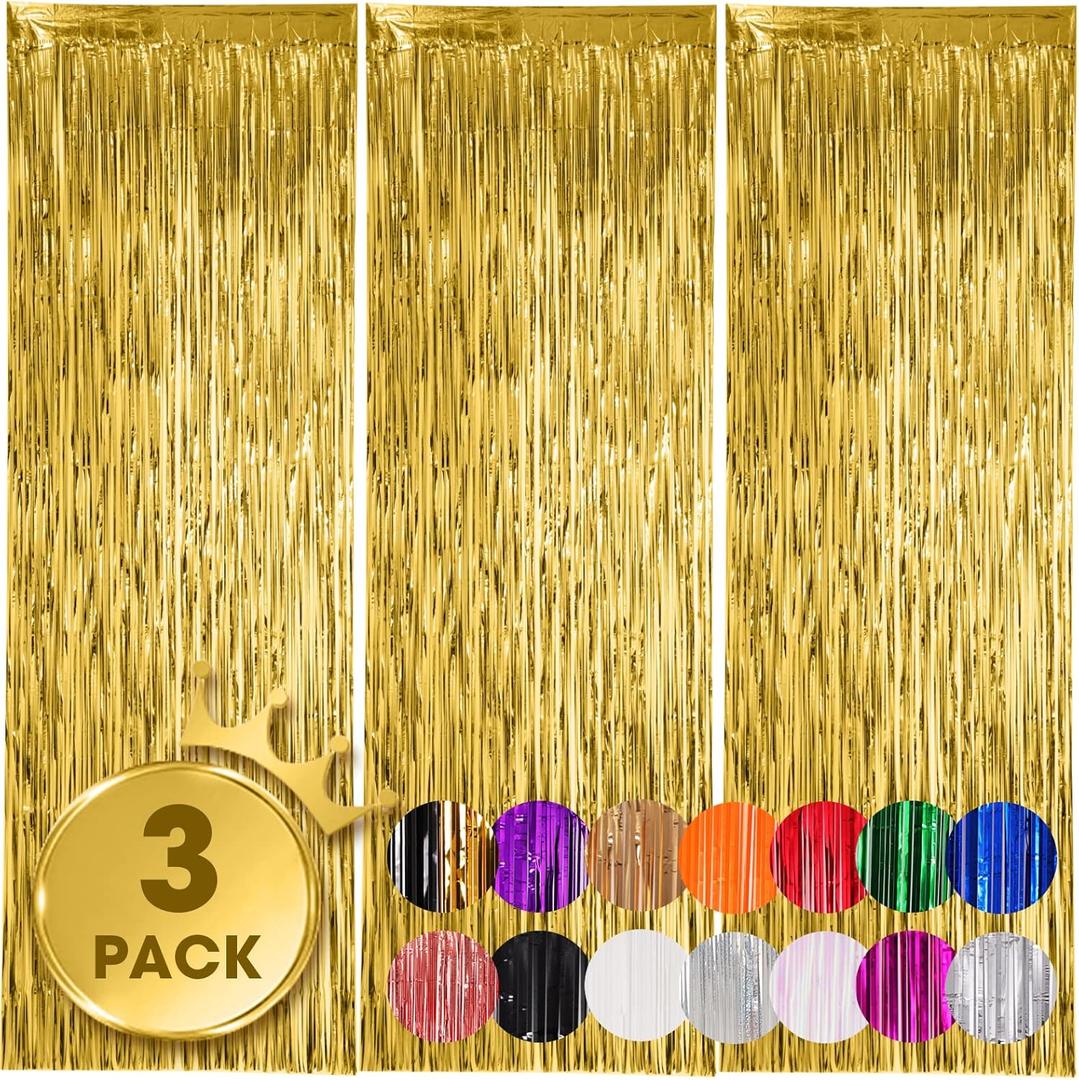 3 Pack 3.3x8.2 Feet Gold Foil Fringe Backdrop Curtains, Tinsel Streamers, Fringe Backdrop for 2025 New Years Eve, Graduation, Birthday, Baby Shower, Gender Reveal, Disco Party