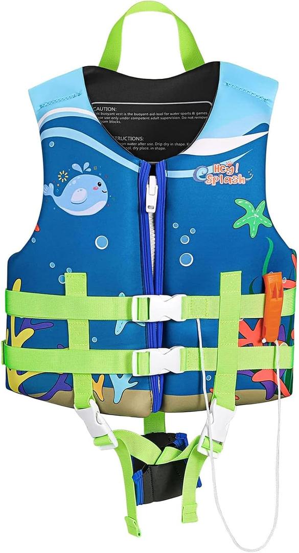 HeySplash Life Jacket for Kids (Suitable for 37-55 lb), Children Watersports Life Vest Swim Vest Flotation Device Kids Trainer Vest with Survival Whistle, Easy on and Off, Medium Size, Blue Whale