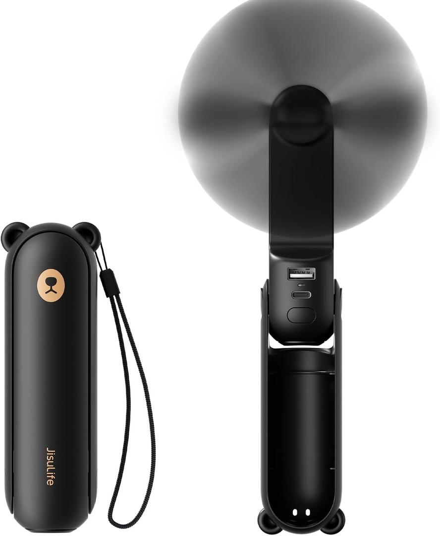 JISULIFE Handheld Mini Fan, 3 IN 1 USB Rechargeable Portable Fan [12-19 Working Hours] with Power Bank, Flashlight, Pocket Design for Travel/Summer/Concerts/Lash, Gifts for Women (Black), Small