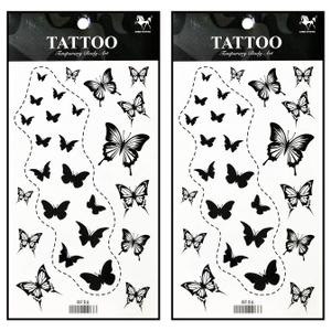 2 x Tattoos 2 Sheets Temporary Tattoo 3D Black Butterfly Dashed lines for Women Men Lower Back Shoulder Neck Arm Tattoo Sticker Party Fashion