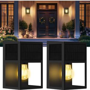 Outdoor Solar Wall Lights, High Brightness Waterproof Lanterns, Porch LED with Stainless-Steel & Tempered Glass, Black Sconce for Door Entryway, Garage, Patio, Yard, Warm White 2Pk