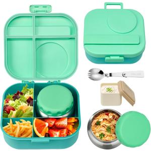 Bento Lunch Box for Kids with 12oz Soup Thermo,4 Compartments Lunch Box Containers Kids, Includes Foldable Spoon &Sauce Jar, BPA Free&Leak proof,Insulated Food Jar for Travel,School,Picnic, Green