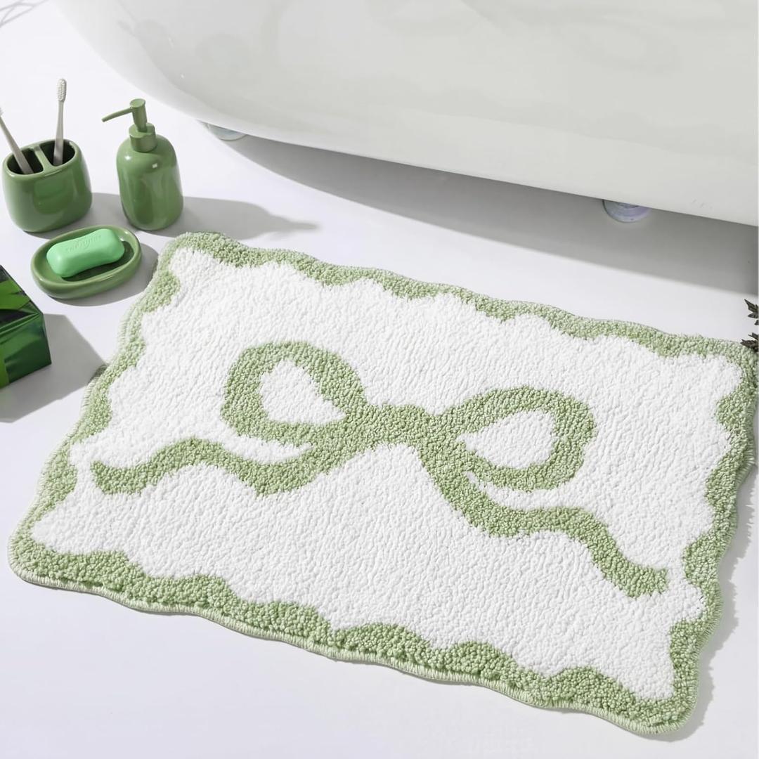 Tinideya Sage Green Bow Bathroom Rug 16 x 24 Scalloped Bow Bath Mat Non Slip Coquette Rug Cute Aesthetic Carpet Preppy Room Decor Microfiber Absorbent Bathroom Mat for Bathtub Shower Bedroom