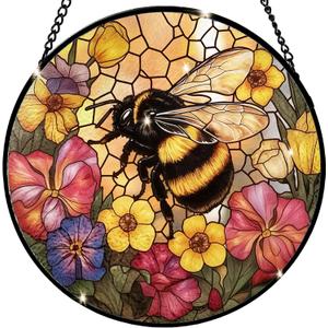 Bee Stained Glass Window Hanging Suncatcher 7.8 Inch