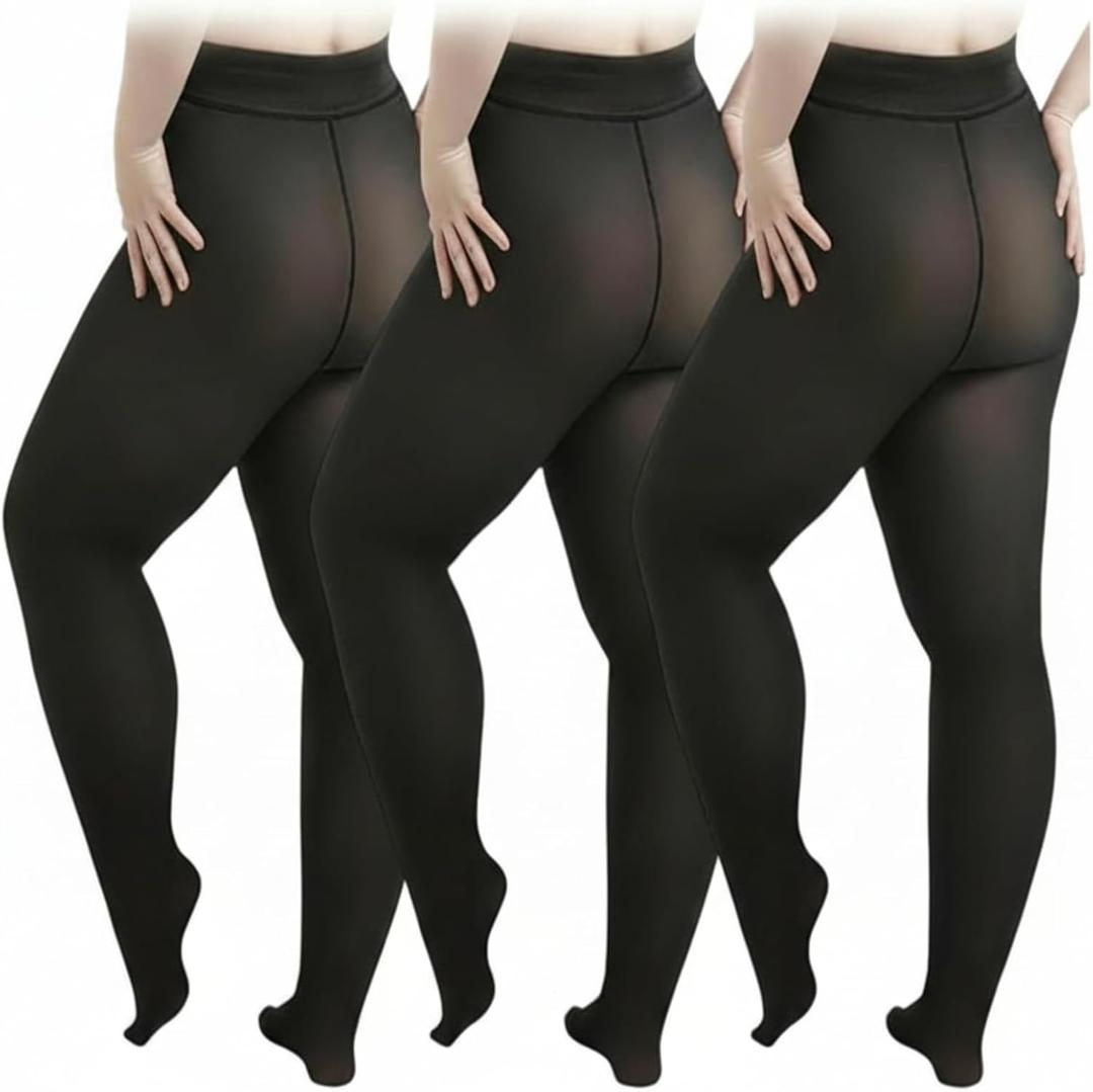 HooLing 3 Pair Plus Size Fleece Lined Tights for Women Fake Translucent Winter Thermal Leggings Warm Thick Tights for Gifts (Black, XXL)