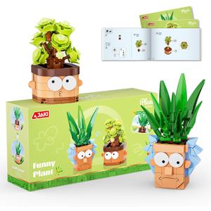 JAKI Botanicals Funny Cartoon Plants Building Toy Set - Interchangeable Pot Design Desk Decor Birthday Gift Idea for Young Gardeners Artificial Indoor Plant Play & Display for Kids, Girls and Boys 12+
