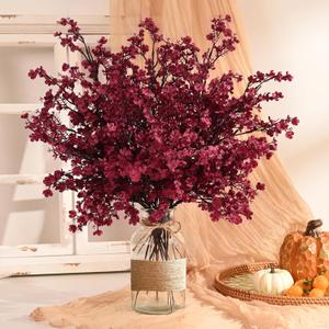 Waipfaru 15Pcs Fake Flowers Babys Breath Silk Artificial Flowers Gypsophila Bouquets Bulk Real Touch Fall Stems for Fall Thanksgiving Autumn DIY Floral Arrangement Table Centerpieces, Wine Red