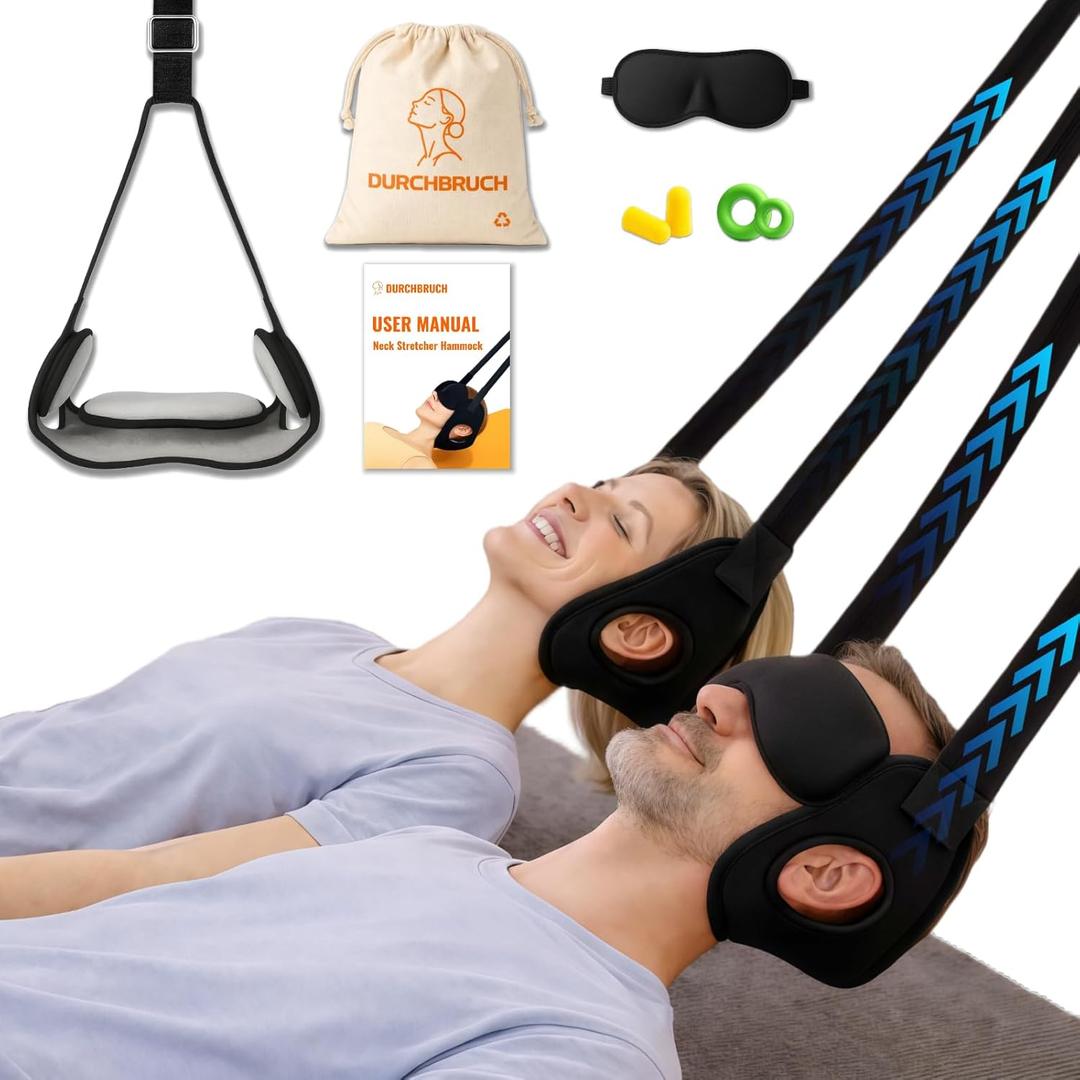 Durchbruch Neck Stretcher Hammock for Daily Neck Relief  Adjustable Cervical Traction Device with Removable Pads, Silicone Protectors, Eye Mask, Earplugs & Travel Bag (Raven)