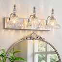 Vintage Bathroom Vanity Light, 3-Light Brushed Nickel Vanity Lighting Fixture with Flower Glass Shade, Bathroom Lighting Fixtures Over Mirror