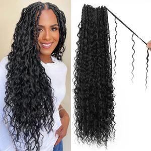 Boho Crochet Braids Pure Protein Fiber Close to Human Hair 24 Inch Goddess Box Braids with Soft Curls Bohemian Braids Crochet Hair for Black Women (24Inch,1B)