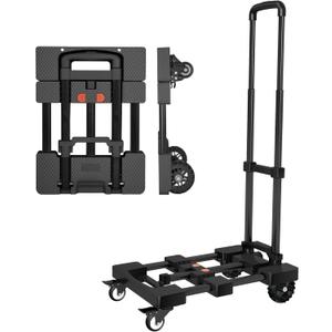 Heavy-Duty 500LB Capacity Hand Truck with One-Touch Retractable Handle & Extendable Plate, Portable Collapsible Dolly Cart with 4 Wheels w/Brakes Folding Luggage Cart for Travel/Home Use, Black