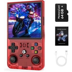 R36MAX Retro Handheld Game Console, 4.0 inch Retro Gaming Console with 64GB Memory, Portable Retro Video Games Console, 4000mAh Battery, Support 30+ Emulators, Transparent Red