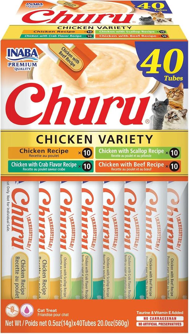INABA Churu Cat Treats, Lickable, Squeezable Creamy Pure Cat Treat with Green Tea Extract & Taurine, 0.5 Ounces Each Tube, 40 Tubes, Chicken Variety Box (EXP 09/13/26)