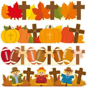 2 x BeYumi Fall Religious Border Trim - 80Pcs Fall Religious Cross Bulletin Board Border Autumn Leaves Pumpkin Football Scarecrow Decor Thanksgiving Christian School Classroom Office Chalkboard Decoration