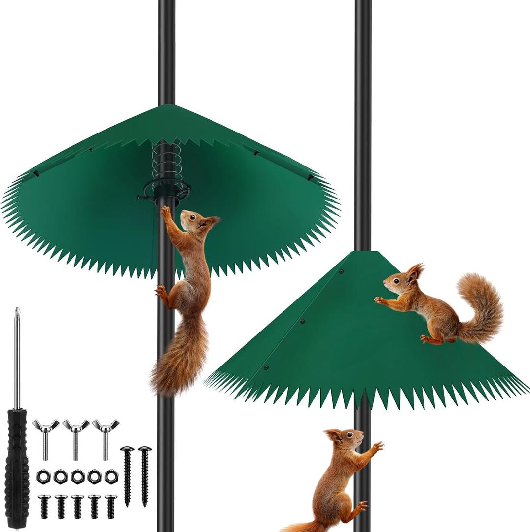 Qualirey 2 Pack Squirrel Baffles for Bird Feeder Poles 19 Inch Extra-Thick Polycarbonate Bird House Guard with Steel Spring Motion for Better Defense, Outdoor Pole Mount Squirrel(Green)