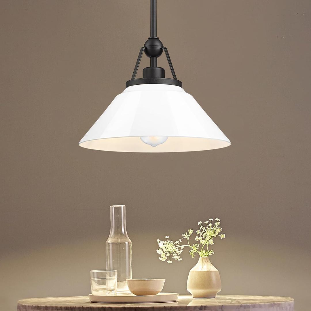 White Pendant Light Fixture, HWH Modern Kitchen Island Light Fixtures 12 Inch, 1-Light Hanging Lighting for Dinning Room Schoolhouse, Black Metal and White Opal Glass Shade, 5HYS89MIL-G BK