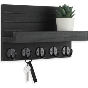 Key Holder for Wall, Decorative Key and Mail Holder with Shelf Has Large Hooks for Bags, Coats, Umbrella  Paulownia Wood Key Hanger with Mounting Hardware (9.8W x 6.7H x 4.2D) (Black)