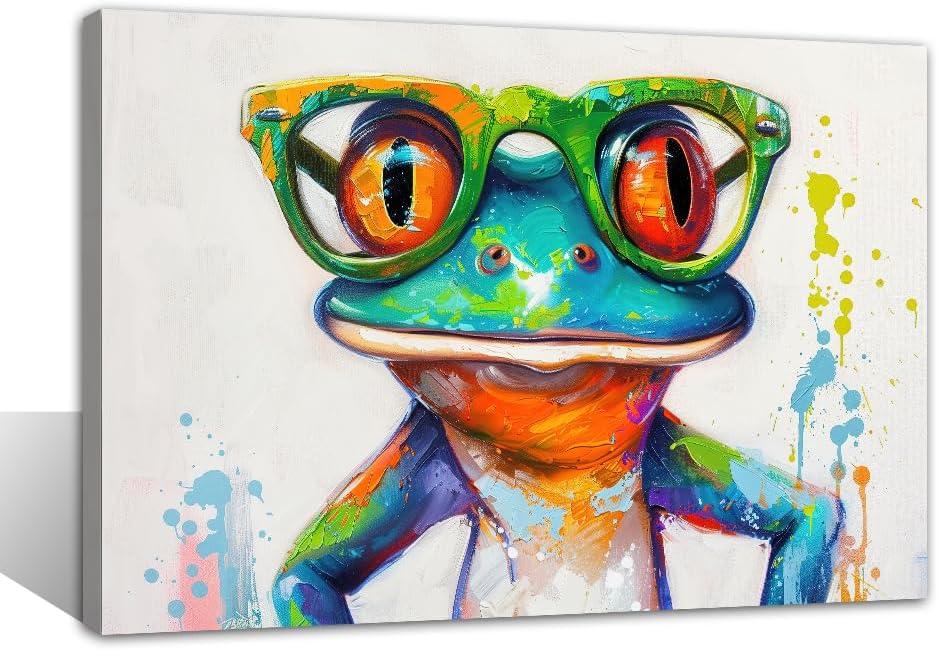 TIEHAOMAI Frog Canvas Wall Art Colorful Animals Paintings Abstract Frog Posters Animals Wearing Glasses Picture Prints for Living Room DecorAnimal-1,16x24inch (40x60cm)