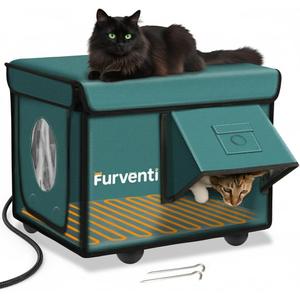 Heated Cat House for Outside with Dual Doors, Insulated Cat House Outdoor with Heating Pad, Weatherproof Heated Outdoor Cats Houses Weatherproof for Feral Cats (Deep Green, 17.5" L x 12" W x 13" H)