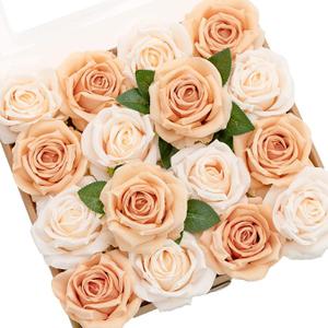Ling's moment Artificial Flowers 16pcs Silk Roses with Stems, 3.5" Fake Vendela Roses Bulk for DIY Wedding Bouquets Centerpieces Party Baby Shower Home Decoration, French Orange & Cream