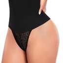 Werena Tummy Control Thong Shapewear for Women Mid High Waisted Body Shaper Underwear Lace Shaping Thong Girdle Panties (Small, #A2 High Rise Charcoal)