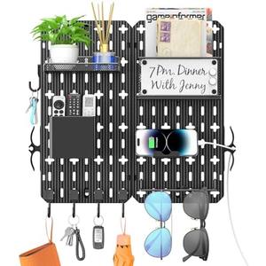 Key Holder Wall Mount 11-in-1 Mail Organizer 5 Key Hooks for Wall Metal Mail Holder Foldable Key Rack Entryway Decor Key Hanger Shelf for Bedroom Keyholder Letter Glasses Storage Dog Leash Coat Rack